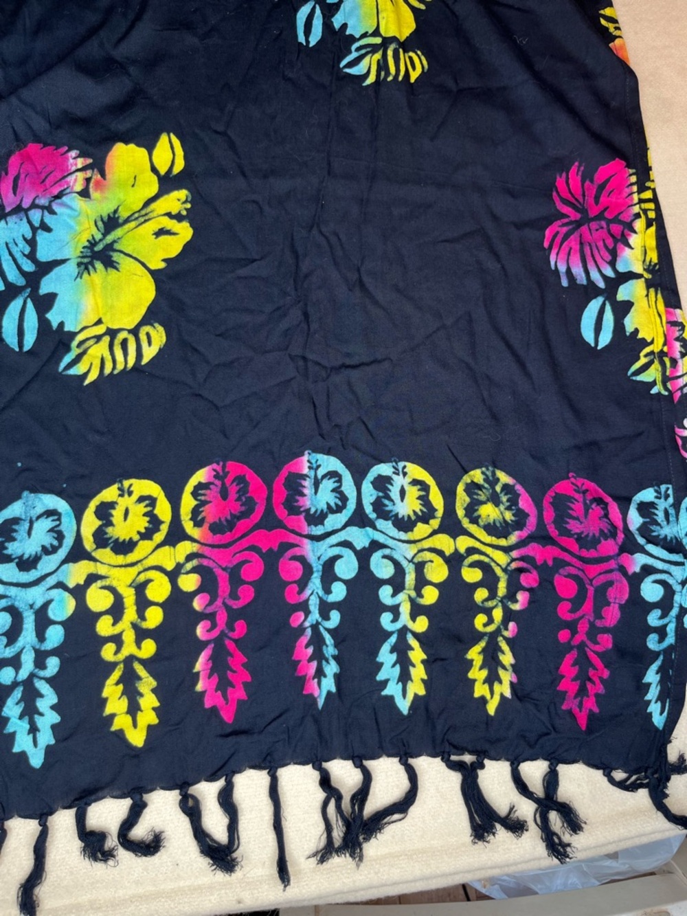 Black Floral Fringe Beach Cover-Up with Bright Hibiscus